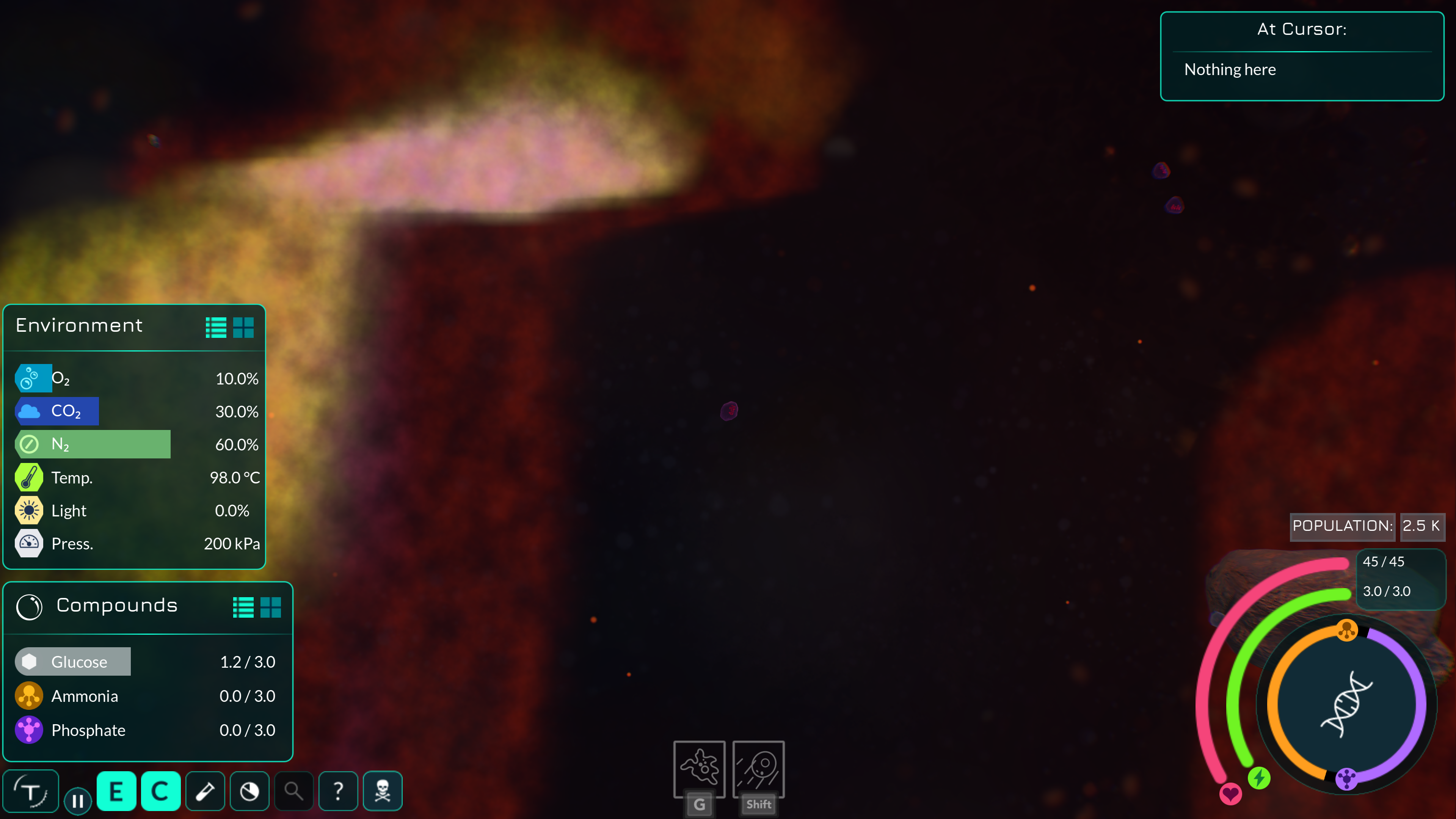 Thrive screenshot of gameplay. There are small cells and different colored gas compounds.