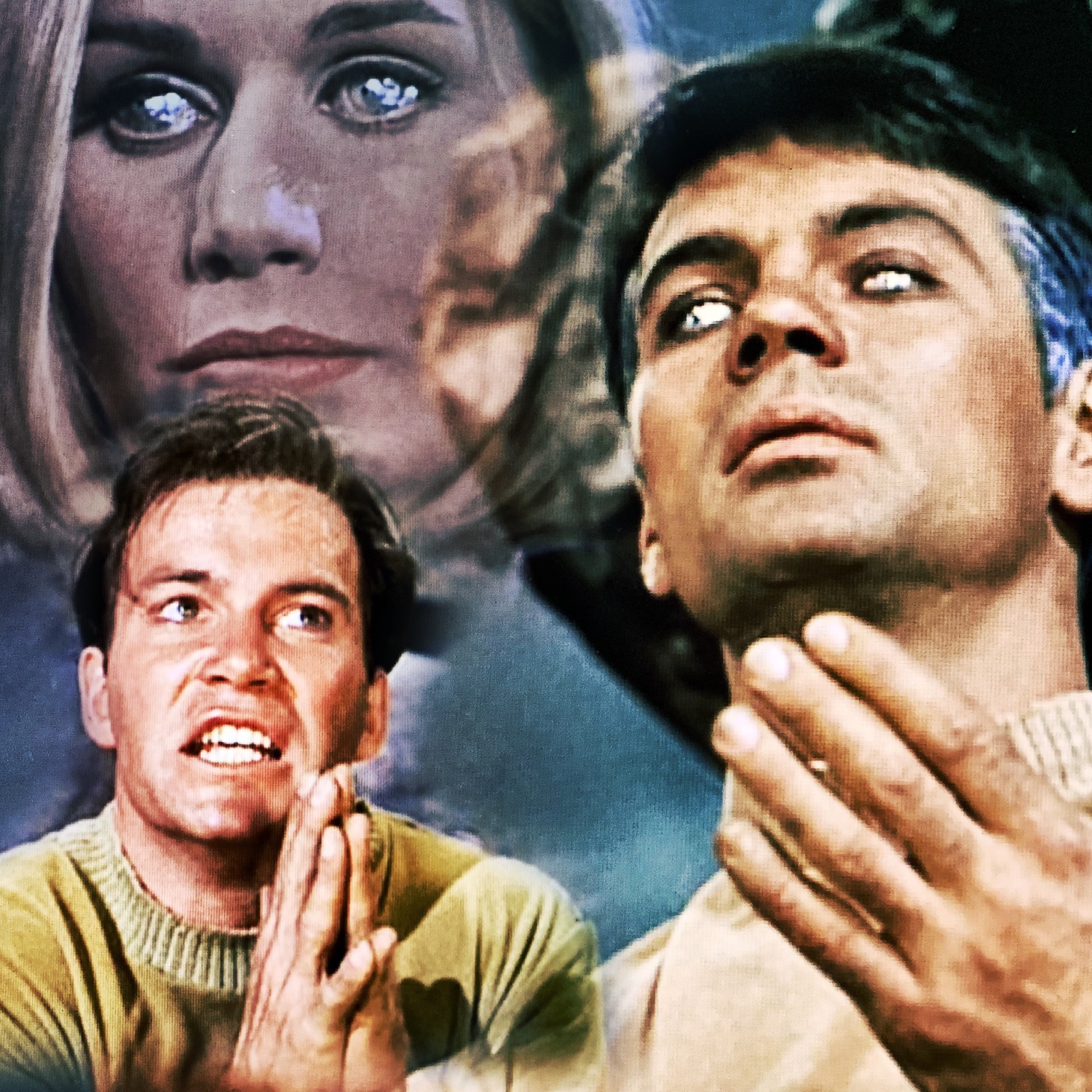 Collage of characters from the Star Trek episode "Where No Man Has Gone Before"; Gary Mitchell, Elizabeth Dehner, and James Kirk (whom is pleading with the other two).