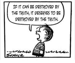 Linus Van Pelt from the comic strip Peanuts by Charles Shultz, shouting out of frame that anything that can be destroyed by the truth should be destroyed by the truth.