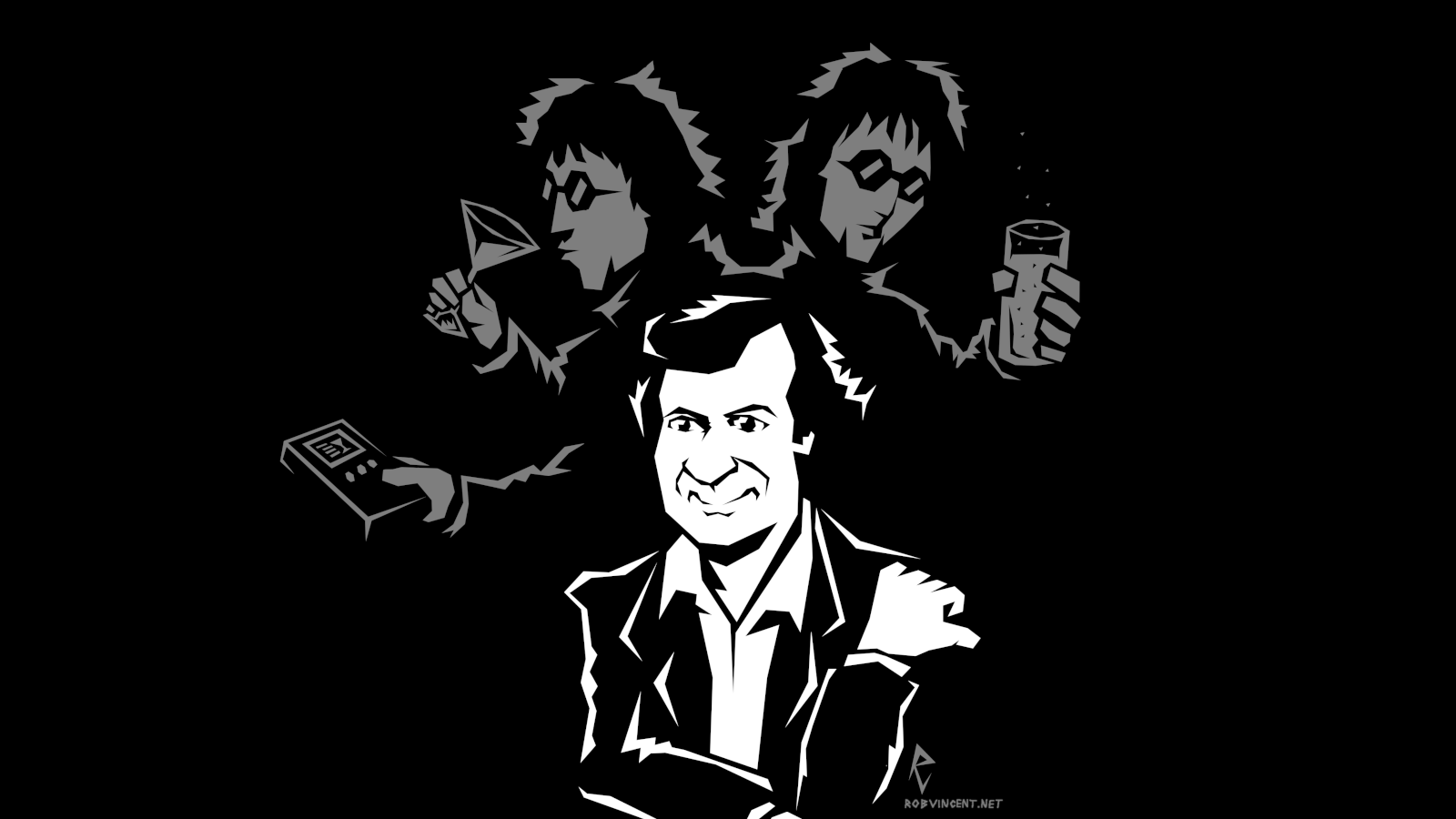 Stylized illustrated portrait of Douglas Adams sticking out his thumb hitchhiker-style as, behind him, two-headed three-armed Zaphod Beeblebrox drinks two drinks while pondering an entry in the Hitch-Hiker's Guide to the Galaxy. Signature: RV, RobVincent.net