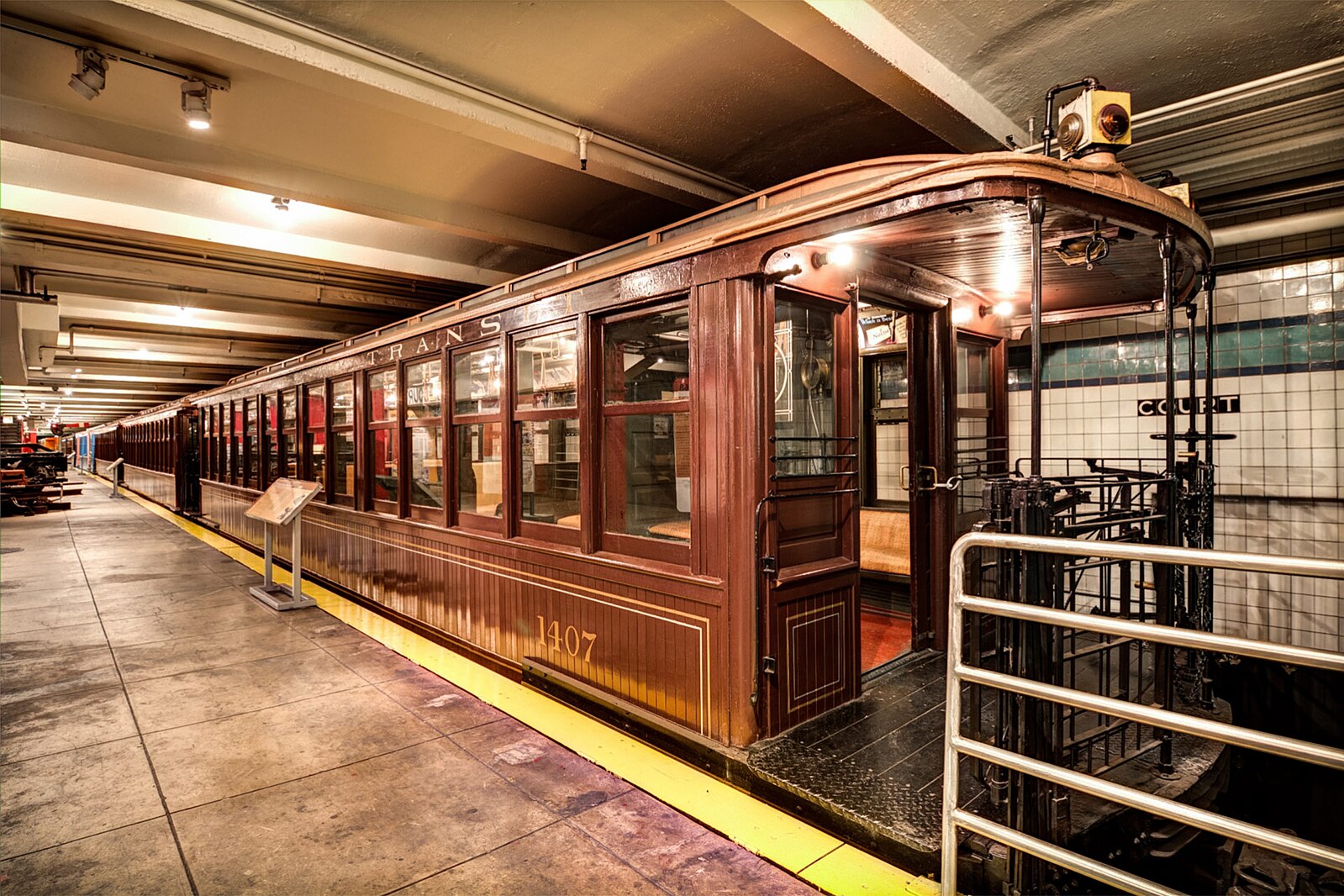 A preserved Brooklyn Union streetcar on display at the New York City Transit Museum.