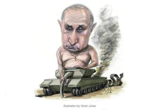 Political cartoon of Vladimir Putin naked, on a worn out Russian tank