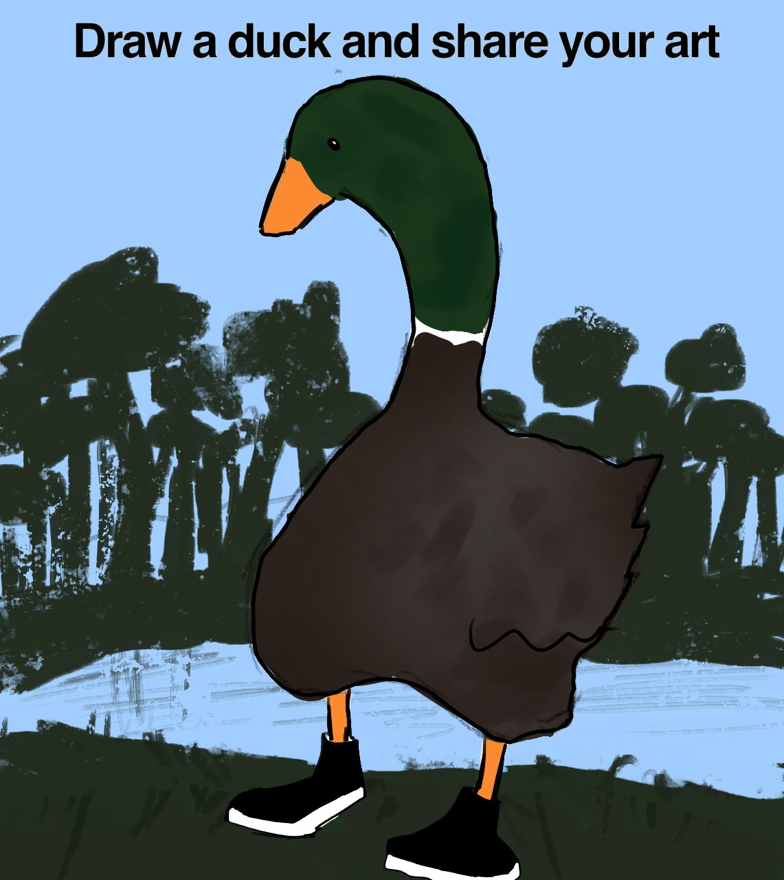 Drawing of a duck wearing shoes, fully colored