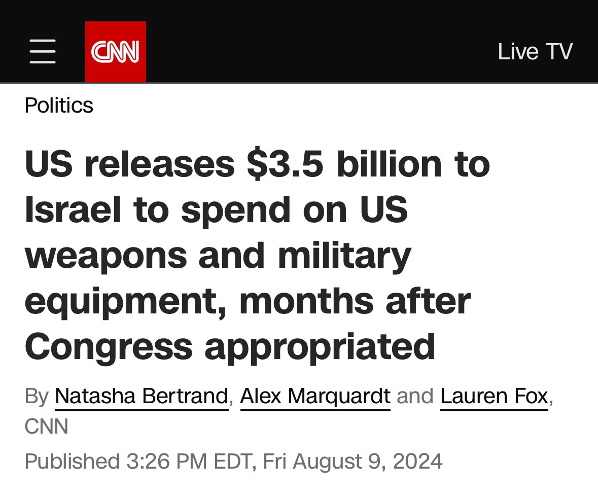 CNN: US releases $3.5 billion to Israel to spend on US weapons and military equipment