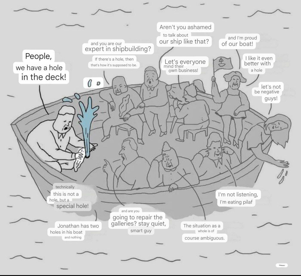 same strange people, but the phrases are "and you are our expert in shipbuilding? If there's a hole, then that's how it's supposed to be" from the smoking man, "Aren't you ashamed to talk about our ship like that?", "Let's everyone mind their own business" from the painter, "and I'm proud of our boat! I like it even better with a hole" from a person with a flag, "let's not be negative guys!", "technically this is not a hole, but a special hole", "Jonathan has two holes in his boat and nothing", "and are you going to repair the galleries? stay quiet, smart guy", "The situation as a whole is of course ambiguous", "I'm not listening, I'm eating pilaf"