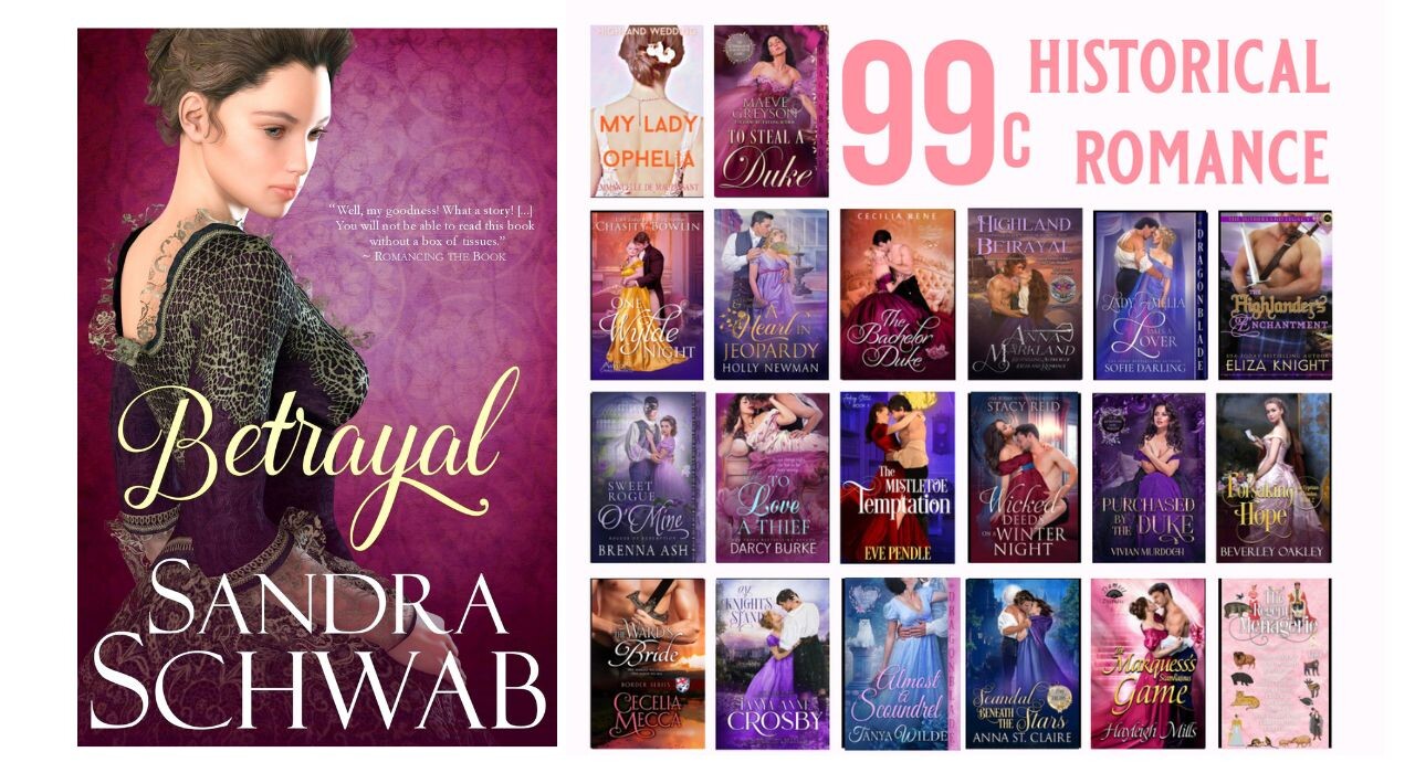 Teaser image for the book sale, with the covers of some of the books on sale. The cover of Sandra's.Betrayal is super big and the heroine looks super sad, poor thing. It is not easy to be the heroine in a Sandra Schwab book!