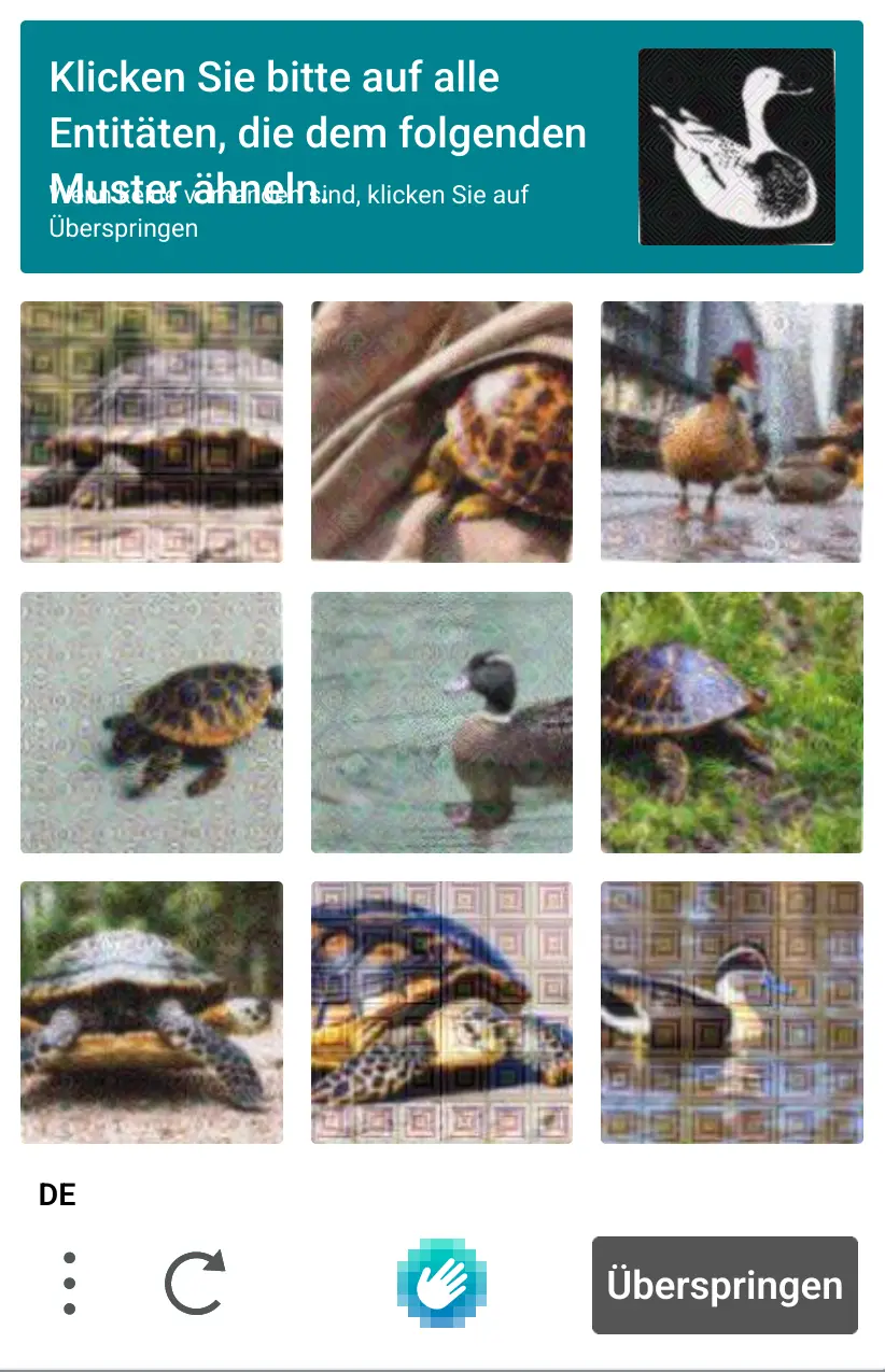ein Captcha fragt nach Entitäten, und man soll Enten markieren