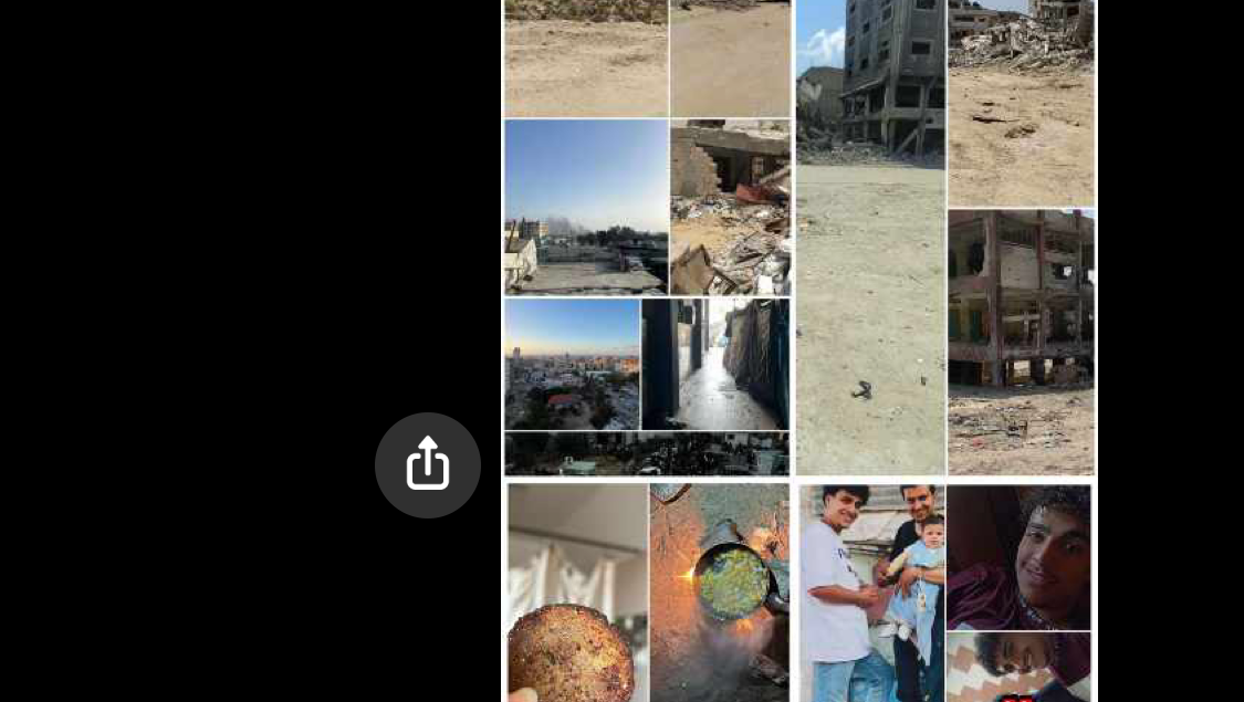 A photo collages with images of devastated building, selfies of people, and food.