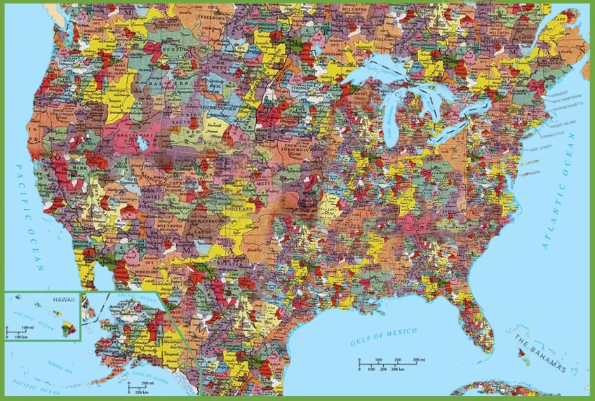 Map of US and for some reason both Canada and Mexico split into many irregularly shaped territories