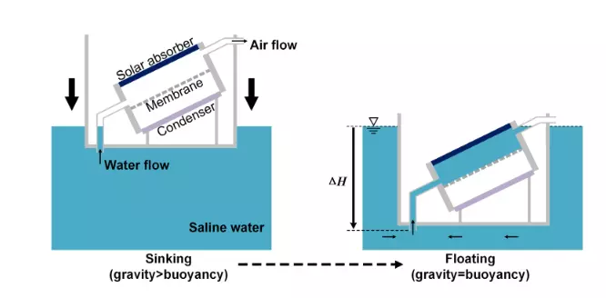 diagram of desalination device showing how water flows through an inner chamber with a membrane