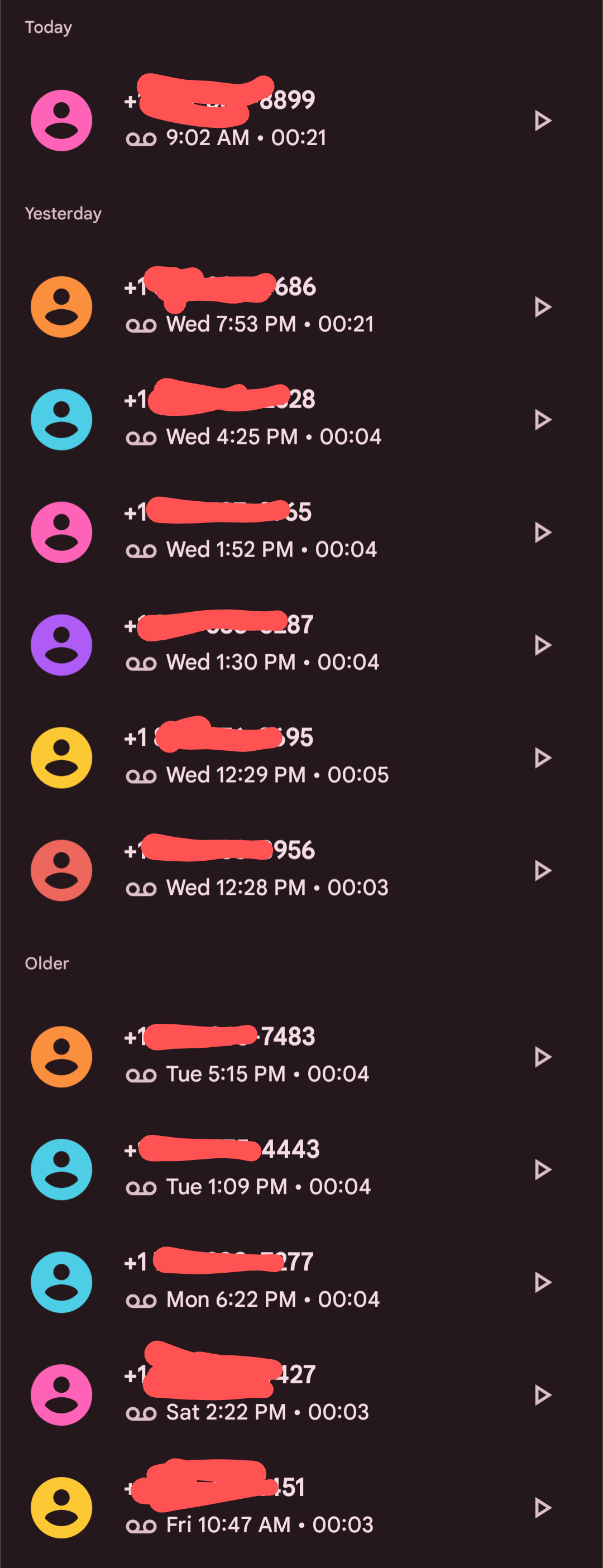 A screenshot of my phone's voicemail box. All of them are spam calls that leave 4-second voicemails. 