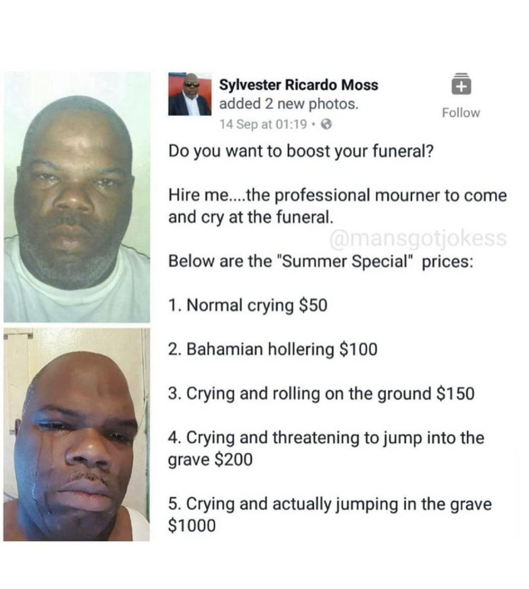 Image of Craigslist-style ad of man offering crying services to "boost" your funeral.