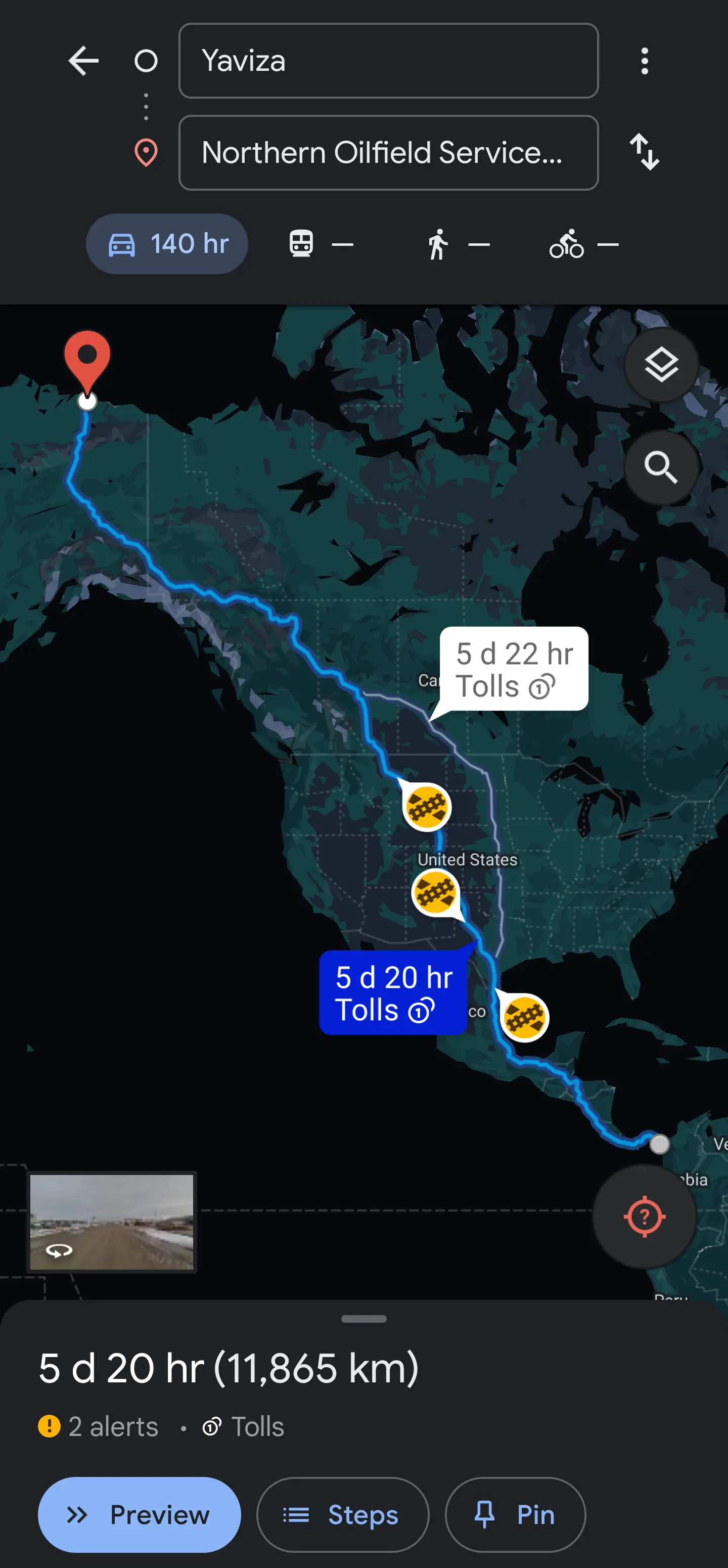 5 days 20 hours to drive from bottom of Panama to top of Alaska